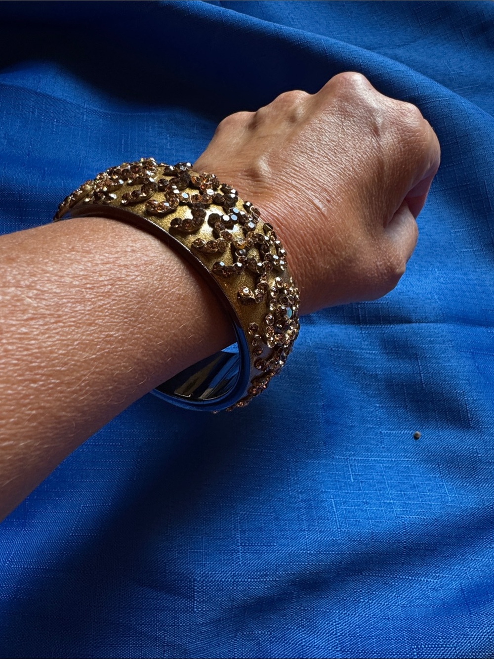 Vintage Chunky Gold Tone Textured Rhinestone Statement Bangle Bracelet